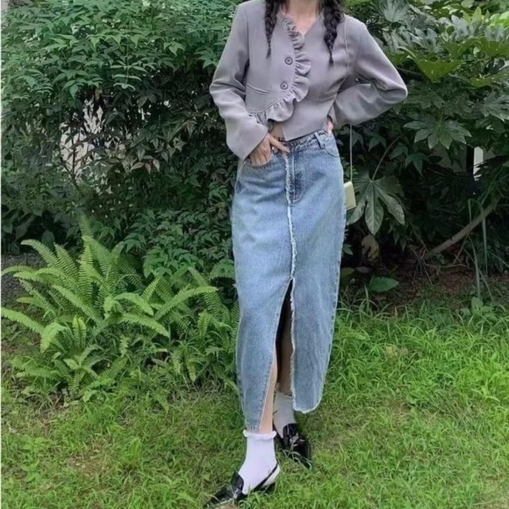 MICAS Women's Mid-Length Denim Skirt Front Slit Irregular  High Waist‎ SIZE XS